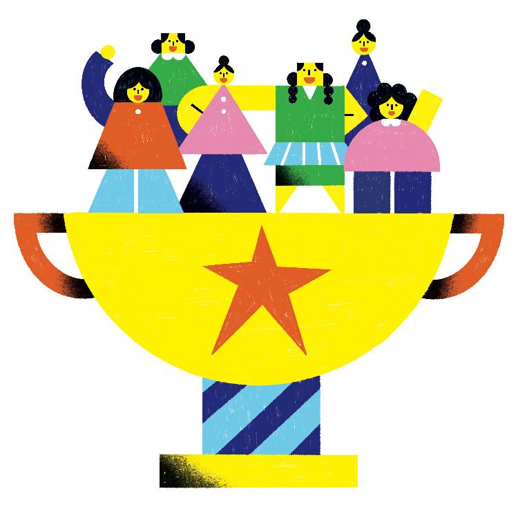 colorful illustration of several figures standing inside of a trophy cup