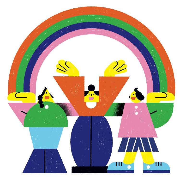 colorful illustration of three figure figures holding up a rainbow